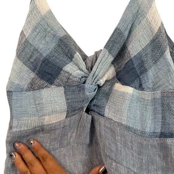Marilu Italy Linen Blue Check Back Tie Back Keyhole Maxi Dress Womens Small - Picture 3 of 6